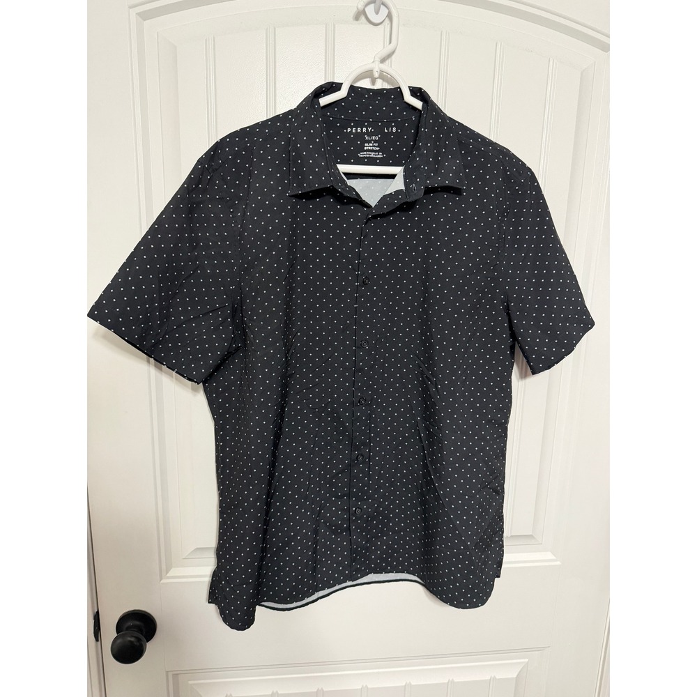 Perry Ellis Shirt Mens XL Slim Fit Stretch Short Sleeve Button Down Black EUC